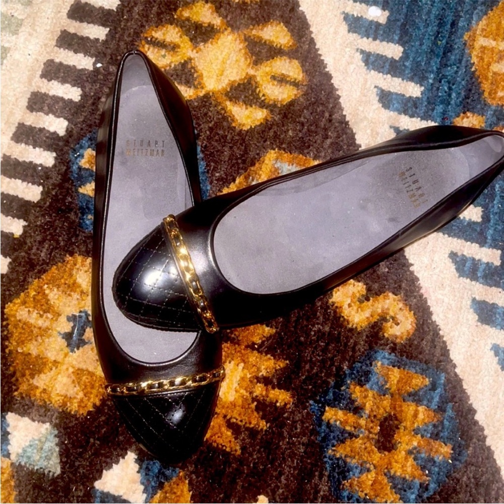 Stuart Weitzman Black Flats Gold Accents